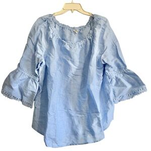 Talbots Light Blue Linen Blend Pom Pom Ruffle Neck Bell Sleeve peasant Blouse XL